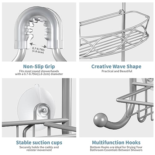 GAOKASE Shower Caddy Hanging 3 Tier with Two Movable Baskets, Grey Shower Caddy with Hooks for Towels, Sponge and More - color: Grey