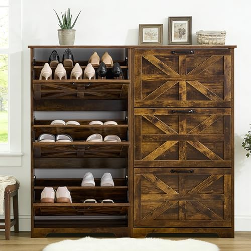 Shoe Storage Cabinet with 3 Flip Drawers, Farmhouse Shoe Organizer with Barn Door Design, Space-Saving Hidden Narrow Shoe Rack Cabinet for Entryway, Hallway & Foyer, Brown - color: Brown, size: 2 pcs-3 Flip Drawers