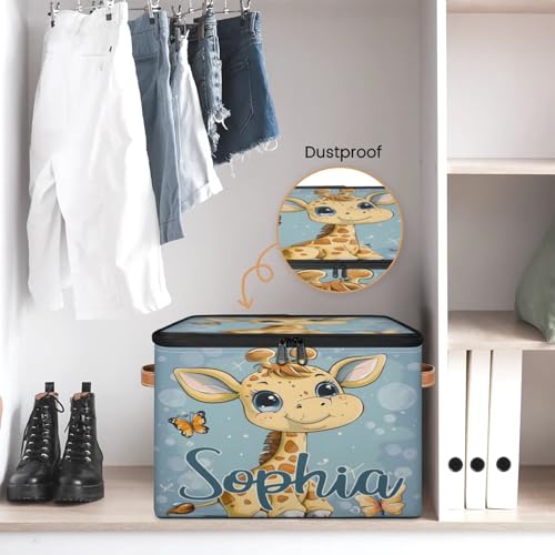 Custom Storage Basket with Name, Personalized Storage Bins with Zipper Lid, Foldable Fabric Storage Box Large capacity with Handle Butterfly Giraffe - color: Option 21