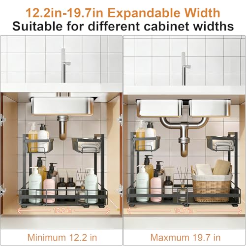 Under Sink Organizer, 1 Pack 2-Tier Expandable Pull Out Storage with Ball-Bearing Slides, Height Adjustable for Kitchen Bathroom Cabinet, Black