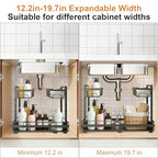 Under Sink Organizer, 1 Pack 2-Tier Expandable Pull Out Storage with Ball-Bearing Slides, Height Adjustable for Kitchen Bathroom Cabinet, Black