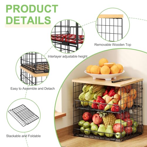 4 Pack Stackable Wire Baskets for Pantry Organizers and Storage, Pantry Baskets with Fixed Wooden Top, Fruit and Vegetable Storage Bins for Organizing Onion Potato Snack for Kitchen Cabinet/Countertop - color: Natural, size: 4-Tier