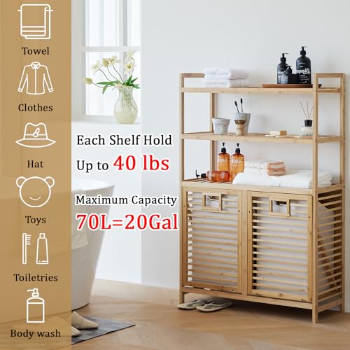 Baveke Double Tilt Out Laundry Hamper, Bamboo Hamper with 2 Removable Bags, Pull Out Laundry Hamper Cabinet, Bathroom Storage Shelf for Laundry Room, Living Room, 3-Tier(FSC-Certified Bamboo) - color: Natural, size: YSJ02-3T