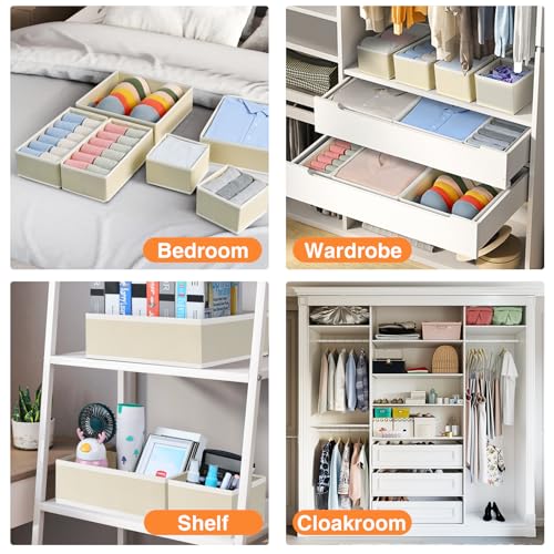 DIMJ Drawer Organizer Clothes 15 Pack - Foldable Baby Organizers and Storage & Closet Organizers for Bedroom, Closet - Nursery Organization Dresser Dividers for underwear, Sock,Bra, Belt, Tie, Beige - color: Beige, size: 15 Pack