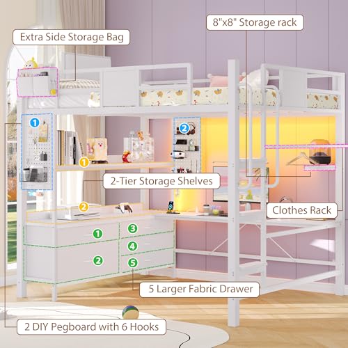 Dnxao Full Size Loft Bed with Desk and 5 Storage Drawers, Heavy Duty Metal Loft Bed with Charging Station, LED Lights & Pegboard, Space-Saving Workstation for Teens & Adults, White | Clothes Rack - color: White, size: Full loft bed with 5 drawer