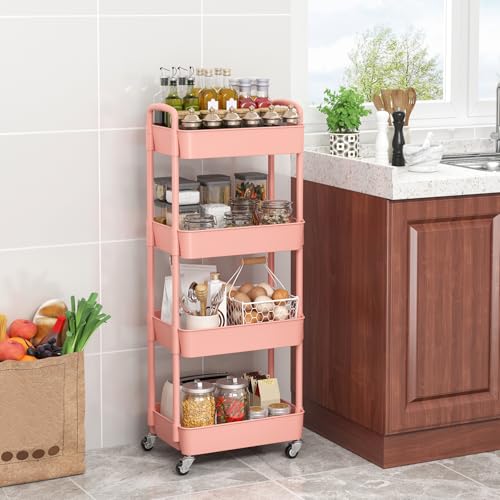 Sywhitta 4-Tier Plastic Rolling Utility Cart with Handle, Multi-Functional Storage Trolley for Office, Living Room, Kitchen, Movable Storage Organizer with Wheels, Pink - color: Pink, size: 4-tier