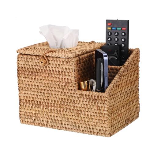 Sumnacon Tissue Box Square Tissue Box Cover with Storage Rattan Tissue Box Holder with 2 Side Organizer,Wicker Tissue Cover Cube Tissue Holder for Bathroom Living Room Table Desk Office - color: Natural