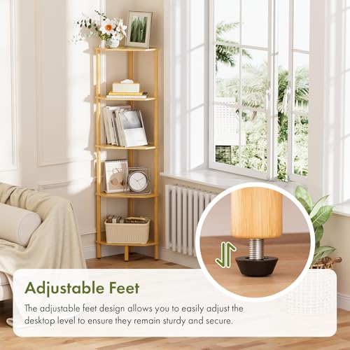 Corner Shelf, 5 Tier Bamboo Corner Bookshelf, 54" Tall Narrow Bookcase, Plant Stand, Corner Display Rack, Shower Caddy, Display Standing Shelf Organizer for Bedroom, Living Room, Kitchen, Home Office - size: 5 Tier