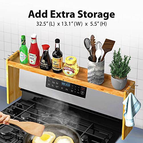IIIOIIIA Bamboo Over the Stove Spice Shelf for Kitchen, 31.5" Spice Rack Organizer Shelf with 6 hooks, 11.4" Height Extra Storage Countertop, Easy to Assemble - color: Bamboo