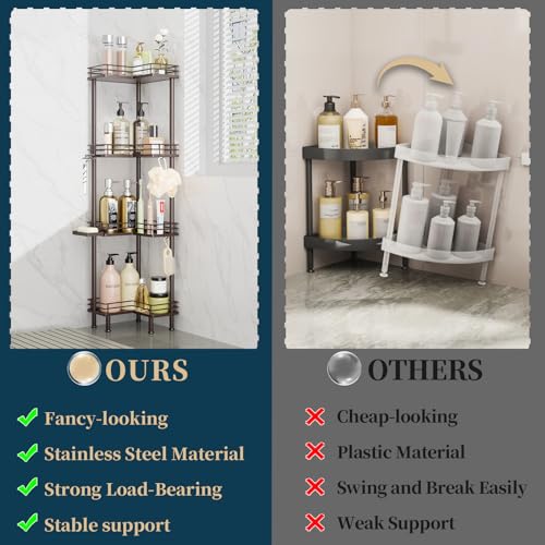 Consumest Corner Shower Caddy Standing - 4-Tier Stainless Steel Shower Organizer with Soap Holder and 4 Hooks, Large Capacity Corner Shelf Stand for Bathroom, Rest Room, Bronze - color: Bronze, size: 4 Tier