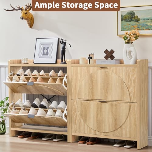 Narrow Shoe Cabinet with 2 Flip Drawers for Entryway,Wood Slim Shoe Rack Cabinet, Freestanding Hidden Shoe Storage Organizer, Space-Saving, Round Fluted Pattern for Hallway, Living Room (Natural) - color: Natural-2 Flip Drawers