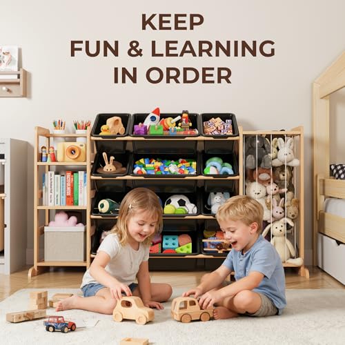 Toy Storage Organizer with Bookshelf and Stuffed Animal Storage - Kids Playroom Organization with Shelves and 12 Toy Bins - Toddler Living Room Toy Box for Lego - Nursery Bedroom Decor Essentials - color: Black, size: 55.2"W,3 Shelves,12 Bins