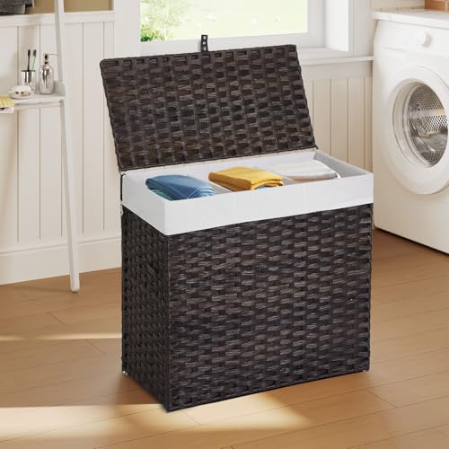 Greenstell Laundry Hamper with Lid, 125L Wicker Laundry Baskets with 2 Removable Liner Bags & 5 Mesh Laundry Bags, Handwoven Rattan Clothes Hamper with Handles for Clothes in Bathroom, Bedroom - color: Light Brown