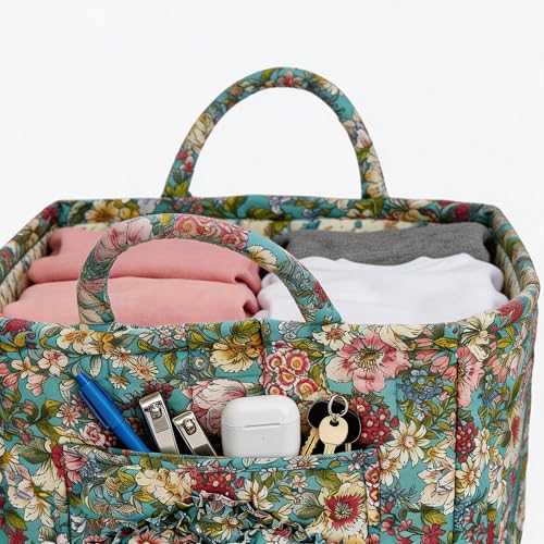 Quilted Laundry Basket with Handles - Multi-Purpose Fabric Storage Basket，Boho Fabric Storage Baskets with Handles for Car, Home & Nursery - Collapsible Square Organizer (Green) - color: Green