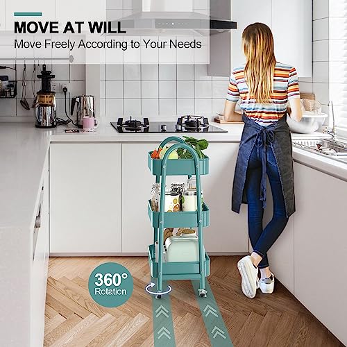 EAGMAK 3 Tier Utility Rolling Cart, Metal Storage Cart with Handle and Lockable Wheels, Multifunctional Storage Organizer Trolley with Mesh Baskets for Kitchen, Living Room, Office, Garage (Green) - color: Green, size: Normal