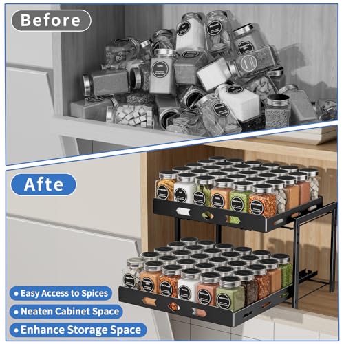 BOIVSHI Spice Organization for Cabinet, 2-Tier Cabinet Spice Rack, Height Adjustable Vertical Spice Rack Pull Out for Kitchen, Cabinet, Pantry (14.1''Wx10.8''Dx9.2''H, Metal Black) - size: 14.1''Wx10.8''Dx9.2''H,2 Tier