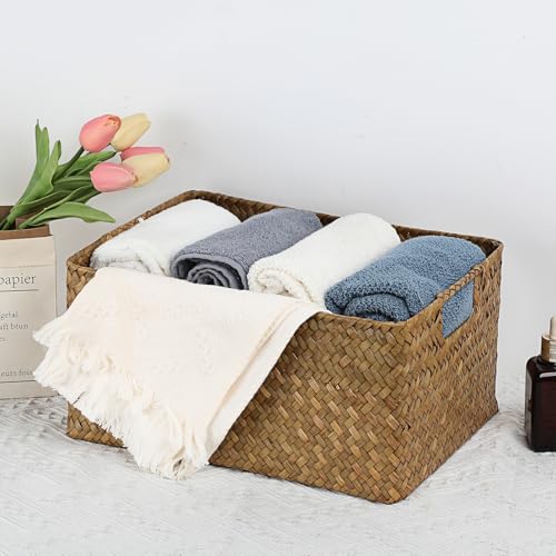 Hipiwe Seagrass Storage Basket Bin Rectangular Handwoven Wicker Storage Box with Handle Opened Baskets Box for Shelf Organizing Closet Bathroom, Caramel, Medium - color: Caramel, size: Medium,13.4"x9.4"x 6.7"