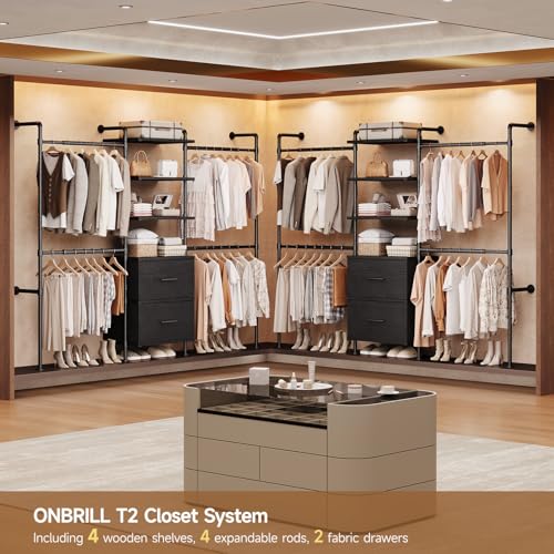 ONBRILL T2 Wall Mounted Industrial Pipe Clothing Rack, Closet Organizers and Storage System with 2 Drawers, 6 Wooden Shelves & 4 Expandable Rods, Heavy Duty Garment Rack, Wardrobe (Black)) - color: Black