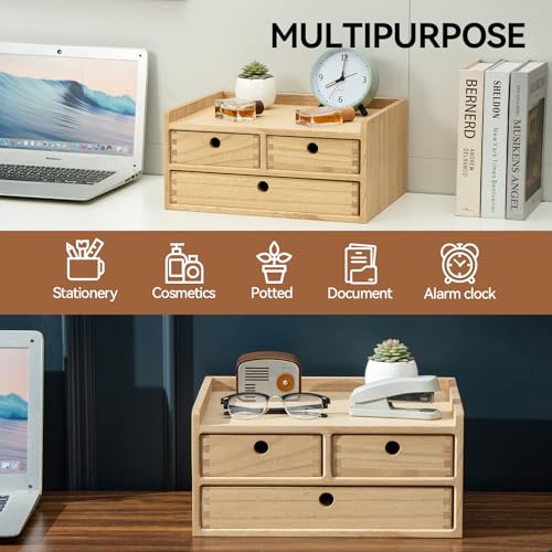 KIRIGEN Wood Organizer Shelf with 3 Drawers for Home Kicthen Decor Office Supplies Desktop Cabinet for Drawer Organizer - Desk Accessories Storage Box -Countertop Shelf Natural（DT2D3C-NA） - color: Natural, size: 2 layer-3 drawers