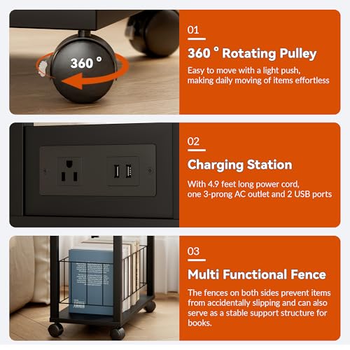 DGSANDGO Black Narrow Rolling Side Table with Charging Station (Outlets/USB Ports) & Storage Basket - Small Space End Table for Living Room Bedroom Office (Black) - color: Black, size: Basket Narrow-24.4"H 1 PC