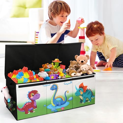 Extra Large Toy Box, Collapsible Storage Organizer with Lids, Sturdy Dinosaur Toy Chest for Boys Girls, 40"x14"x16" Kids Storage Bin Box Baskets for Living Room, Playroom, Bedroom, Nursery - color: Black
