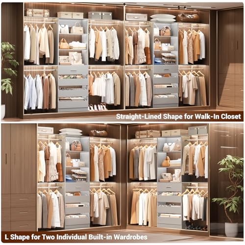 Aheaplus Closet System with Drawers Set of 2, Wood Closet Organizer System with 8 Hanging Rods & Top Shelves, Walk-in Closets Organizer Wardrobe Clothes Rack System, Cut Fits Spaces 4-9FT. Wide, Grey - color: Grey-2Sets