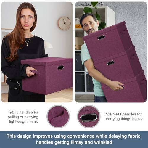 Graciadeco Large 17" 36 Quart Collapsible Stackable Storage Bins with Lids, 3 Packs Purple Linen Fabric Closet Boxes with Lids, Storage Cube Baskets Container Organizers for Bedroom Office (17x12x11) - color: Purple, size: Large -3 Pack
