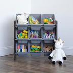 Humble Crew 9-Bin Toy Organizer – Sumatra Espresso/Grey Plastic Bins, 3-Tier Storage Solution for Kids' Playrooms and Nurseries - color: Espresso/Grey