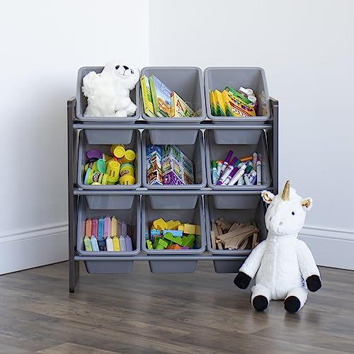 Humble Crew 9-Bin Toy Organizer – Sumatra Espresso/Grey Plastic Bins, 3-Tier Storage Solution for Kids' Playrooms and Nurseries - color: Espresso/Grey