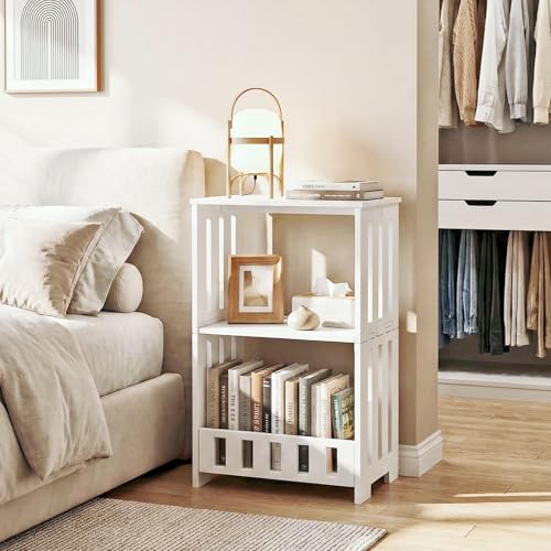 HAYOFAMY 3 Tier Side Table Night Stand, Narrow End Table with Display Shelf, Small Bookcase Bookshelf, Simple Bedside Table Storage Rack for Bedroom, Living Room, Office, Bathroom, White