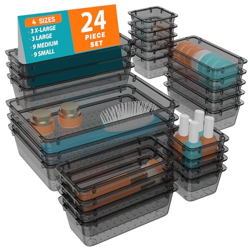 WOWBOX 24 PCS Clear Plastic Drawer Organizer Set, 4 Sizes Desk Drawer Organization and Storage Containers for Makeup, Cosmetics, Jewelry and Gadgets in Kitchen, Bathroom, Bedroom, Office, Clear Black - color: Black, size: 24 PCS