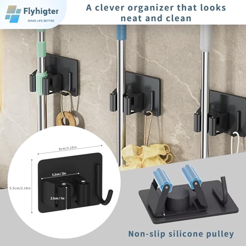 8 Pack Stainless Steel Mop Clips – Heavy Duty Wall Mounted Broom Holders, Rustproof & Tool-Free Install with Back Adhesive or Glue for Home and Garage - color: BLACK-8PCS