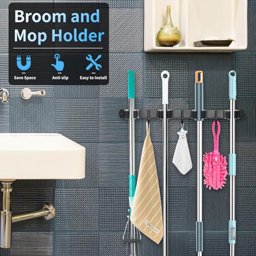 Huryfox Mop and Broom Holder Wall Mounted - Sturdy Stainless Steel Rack with Utility Hooks, 4 Racks, 3 Hooks Adjustable Design and Multiple Storage Organiser Options, Perfect for Kitchen, Laundry - size: 4 Racks and 3 Hooks