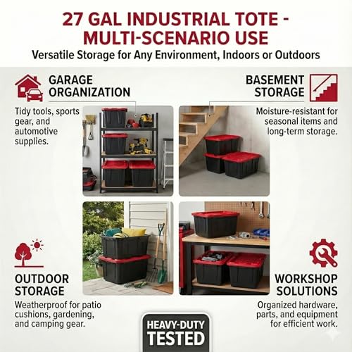 27 Gal Industrial Tote,4 Pack Plastic Storage Bins with Lids Tough Large Storage Bin,Black with Red Lid Plastic Storage,Stackable & Nestable for Garage, Basement, or Outdoor (4 Pack) - size: 4 Pack