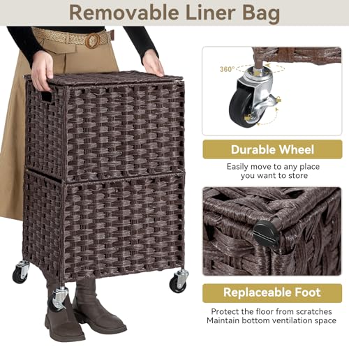 Chrislley 90L Slim Laundry Hamper with Wheels, Rolling Laundry Basket with Lid and Renovable Liner Bag, Handwoven Rattan Organizer for bedroom, bathroom, laundry room (Brown) - color: Brown