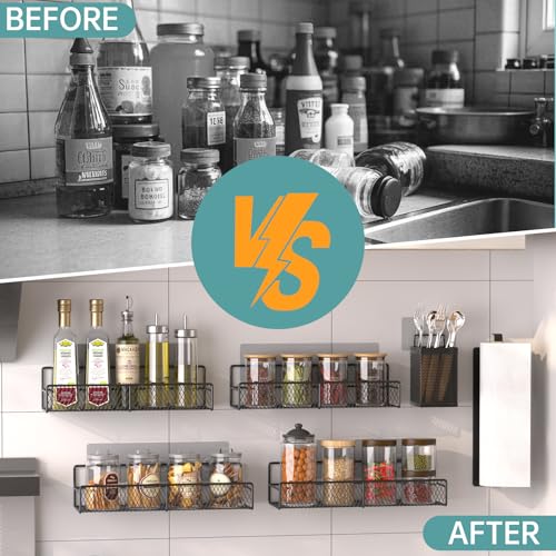 DTUQYX Spice Rack Wall Mounted 6 Pack: 100% Metal & Strong Adhesive Spice Organization for Kitchen Cabinet/Pantry Door, No Drill Hanging Seasoning Organizer with Paper Towel Holder, Utensil Caddy - style: No Drill Wall Mount Version