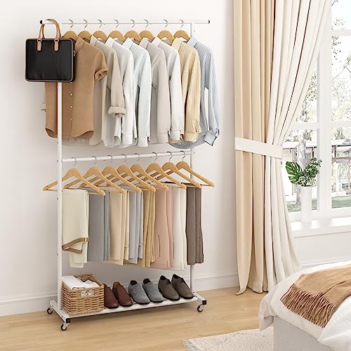 Sywhitta Double Rod Clothing Garment Rack, Rolling Coat Hanger with Bottom Mesh, Clothing Rack for Hanging Clothes, Coats, Skirts, Sweaters, White - color: White, size: With mesh
