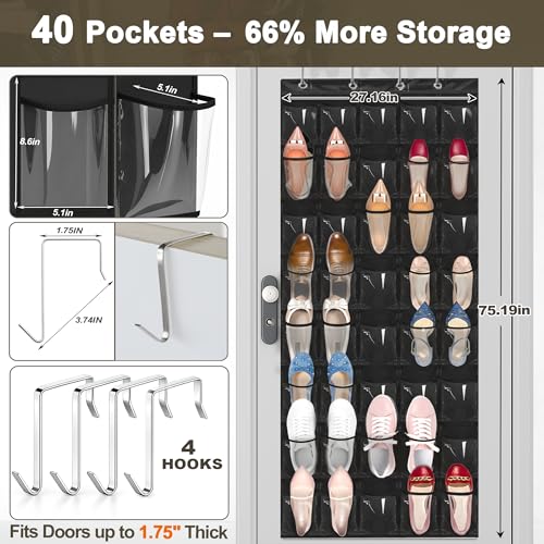 Over the Door Shoe Organizer with 40 Clear PVC Pockets – Waterproof Hanging Shoe Holder for Closet & Bathroom – Space-Saving Door Shoe Rack for Shoes, Toys, Toiletries & Snacks(Black) - color: Black