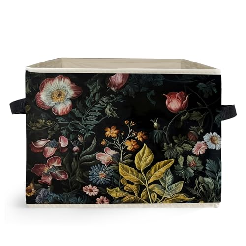 Vintage Gothic Floral Storage Box Bins, Dark Cottagecore Wildflower Botanical Collapsible Storage Basket Organizer for Bedroom Laundry Room Home Clothes Toys Books, Toybox for Girls - color: Gothic Floral