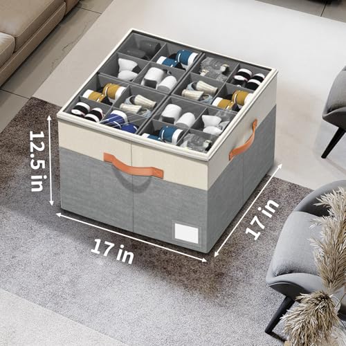 Aokeyee Shoe Organizer for Closet,2 Pack Foldable Shoe Storage Organizer Box Bin with Adjustable Dividers and Clear Cover, Fits up to 16-32 Pairs - color: Beige with Grey, size: 2 PCS