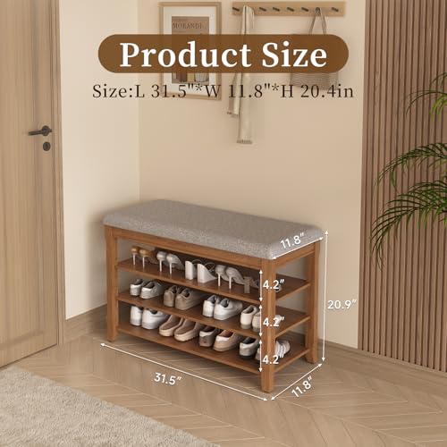 Solid Wood Shoe Bench with Storage, Flip-Top Soft-Close Lid, Adjustable Shelves, Cushioned Entryway Shoe Rack Organizer, 31.5” - size: 31.5"