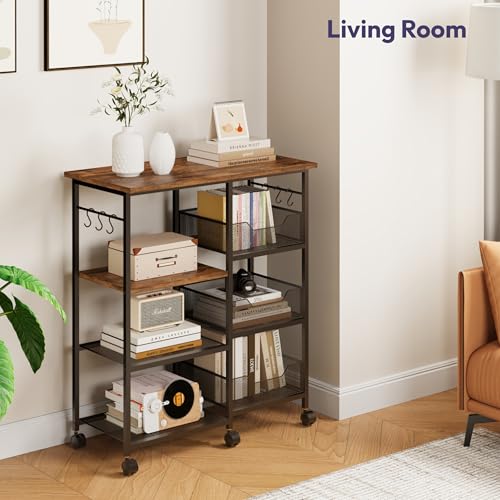 SWTYMIKI Kitchen Island Cart on Wheels - 28.35x14.57in Rolling Kitchen Table Cart with Storage Shelves, 6 Removable Hooks& Locking Casters, Coffee Bar Cabinet for Dining Room Pantry Office, Espresso - size: 28x14.57in, style: Espresso