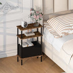Narrow Side Table with Fabric Basket, End Table for Small Spaces, Slim Nightstand with 3-Tier Storage Shelf, Sofa Beside Table, for Living Room, Bed Room, Rustic Brown - color: Rustic Brown