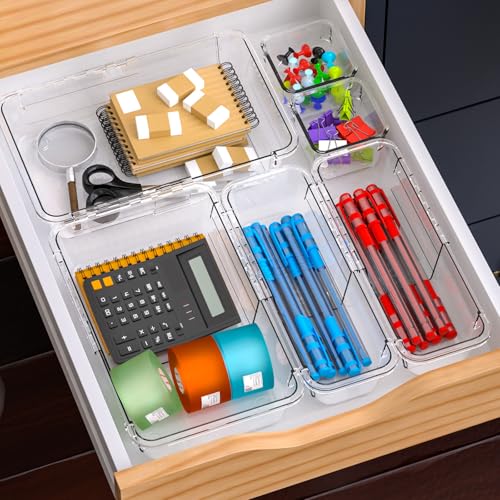 14 Pcs Clear Drawer Organizer, Adjustable Drawer Storage Box, 3-Size Desk Drawer Organizer, Acrylic Storage Bins for Makeup, Cosmetic, Kitchen Utensils, Bedroom Dressers Tool Organizer for Gadgets - color: Clear, size: 14PCS