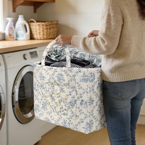 Quilted Fabric Basket Foldable Car Storage Boho Floral Laundry Basket Hamper for Nursery Bedroom & Living Room | Organize Clothes Toys - color: Blue-Toned Pastoral