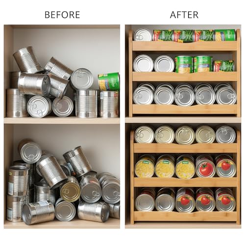 TOPZEA Soda Can Rack Organizer for Pantry, 3 Tier Bamboo Stackable Can Goods Storage Dispenser Shelf Canned Food Holder Stand for Kitchen Coutertop, Cabinet, Hold up to 36 Cans