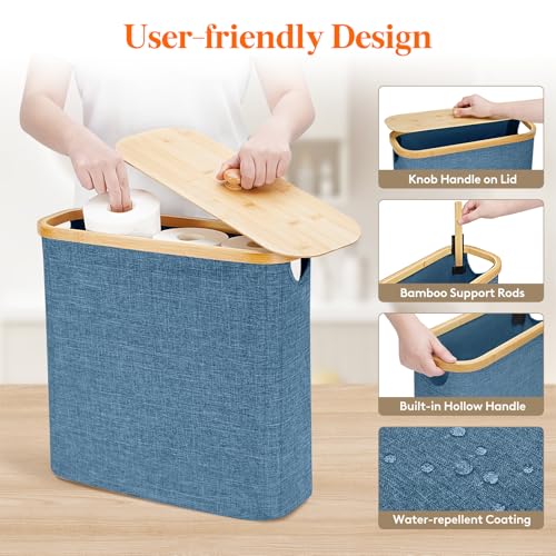 Lifewit Toilet Paper Storage Holder for 12 to 16 Rolls, Free Standing Toilet Paper Basket Stand with Bamboo Lid, Collapsible Fabric Bathroom Organizer Box for Mega Rolls, 30L, Extra Large, Dark Blue - color: Dark Blue, size: 30L