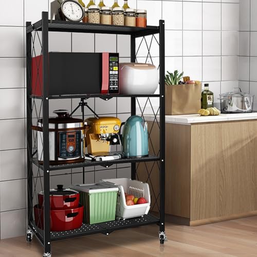Life Hacks 2pcs 4-Tier Foldable Shelves for Storage, No Assembly Required, Folding Shelf Unit Pantry Shelves with Wheels, Metal Shelving Storage Rack Shelf for Kitchen Garage Home