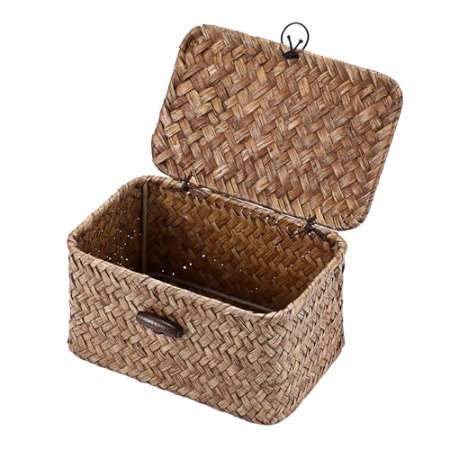 Handwoven Wicker Storage Basket Small Seagrass Box with Lid Multipurpose Table Organizer for Dental Floss Paper Clip Holder, 6.1" x 4" x 3.3" - size: 6.1"L x 4"W x 3.3"H