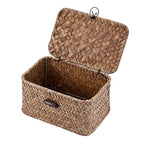 Handwoven Wicker Storage Basket Small Seagrass Box with Lid Multipurpose Table Organizer for Dental Floss Paper Clip Holder, 6.1" x 4" x 3.3" - size: 6.1"L x 4"W x 3.3"H
